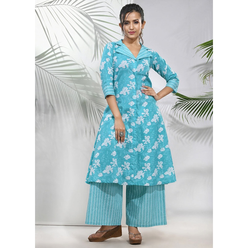 2 Pc Sky Blue Readymade Cotton Kurti Set - JD986583425