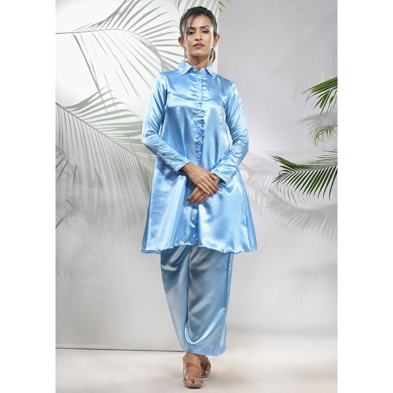 2 Pc Sky Blue Readymade Silk Coord Set - JD986583424