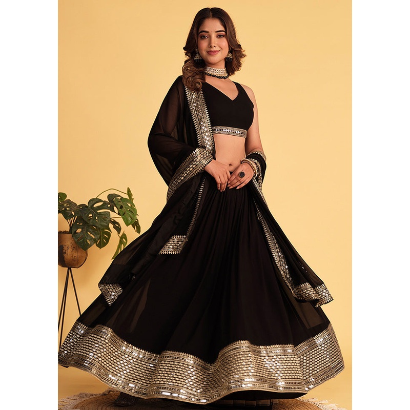 3 Pc Black Georgette Semi Stitched Lehenga Set - JD986583566