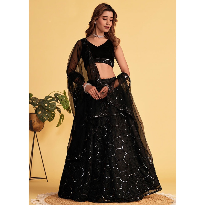 3 Pc Black Net Semi Stitched Lehenga Set - JD986583565