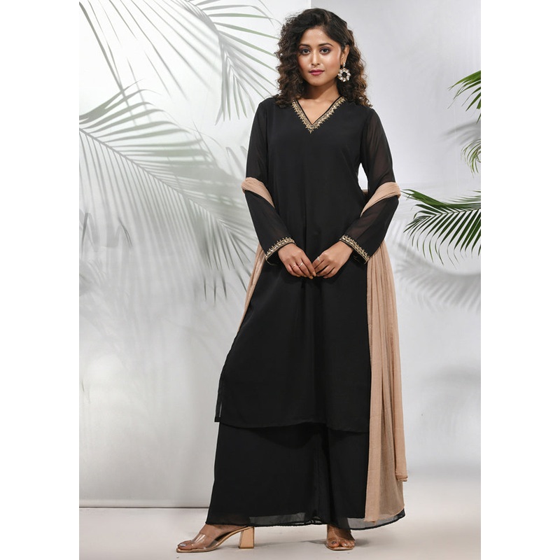 3 Pc Black Readymade Georgette Suit Set - JD986583417