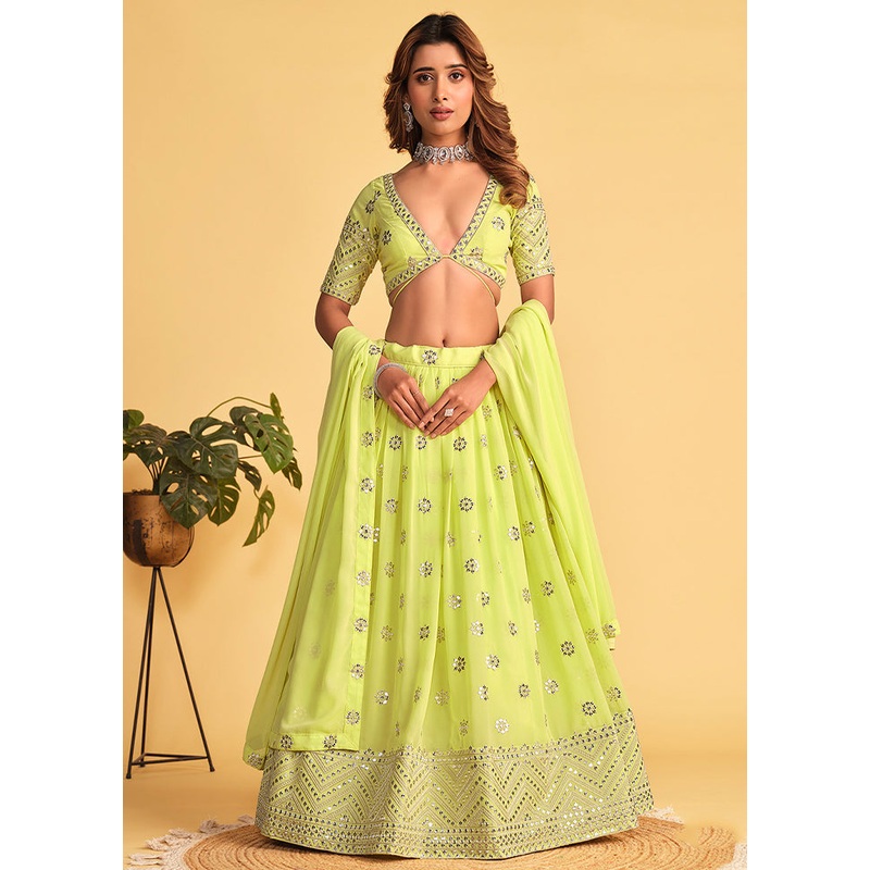 3 Pc Green Georgette Semi Stitched Lehenga Set - JD986583563