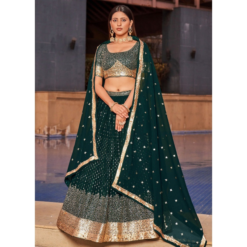 3 Pc Green Georgette Semi Stitched Lehenga Set - JD986583564