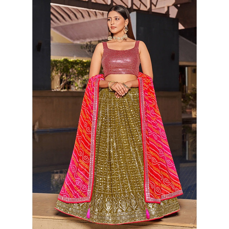 3 Pc Olive Green Georgette Semi Stitched Lehenga Set - JD986583559