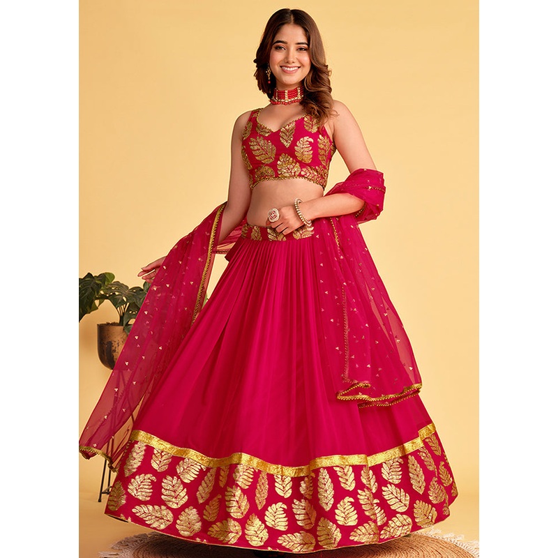 3 Pc Pink Georgette Semi Stitched Lehenga Set - JD986583555
