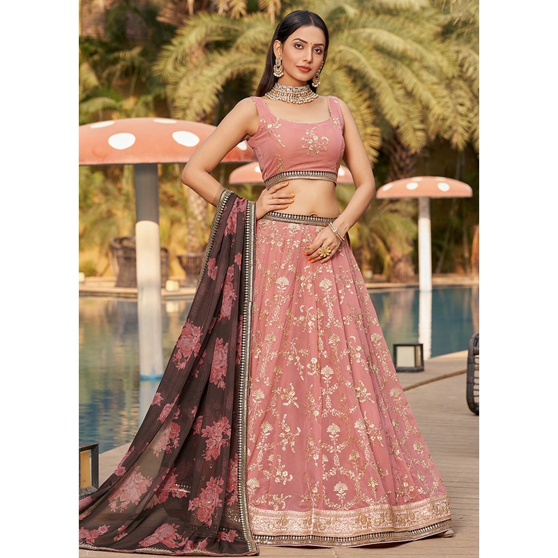 3 Pc Pink Georgette Semi Stitched Lehenga Set - JD986583557