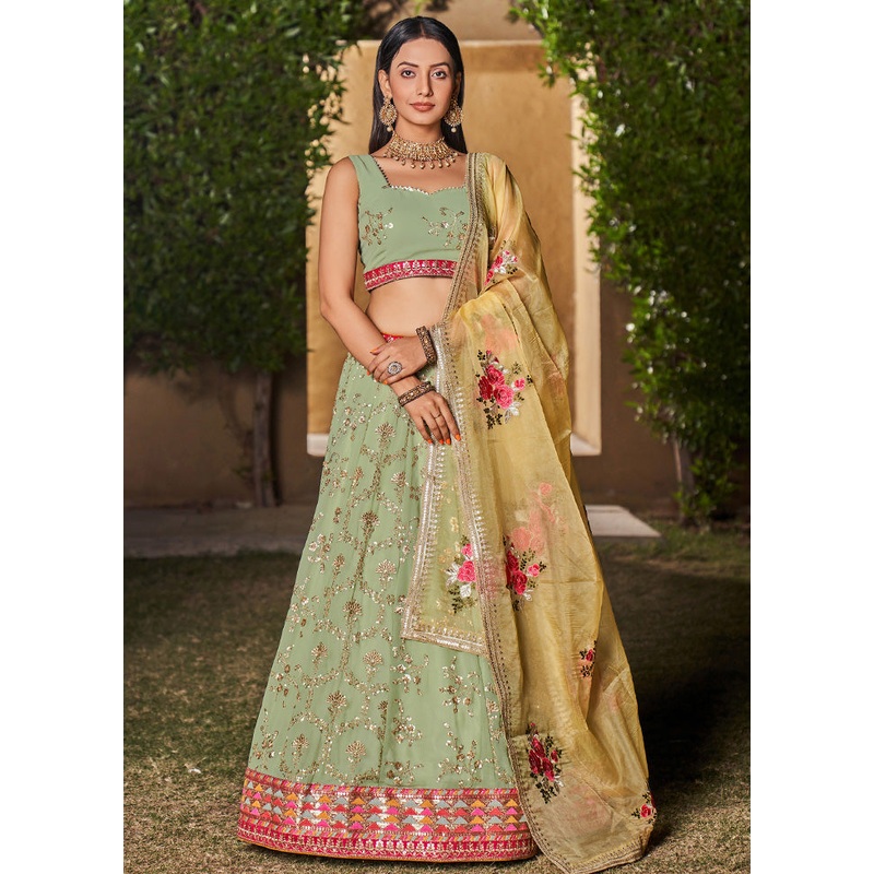 3 Pc Pista Green Georgette Semi Stitched Lehenga Set - JD986583553