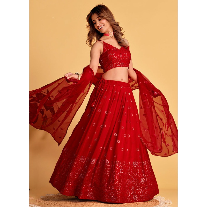 3 Pc Red Georgette Semi Stitched Lehenga Set - JD986583550