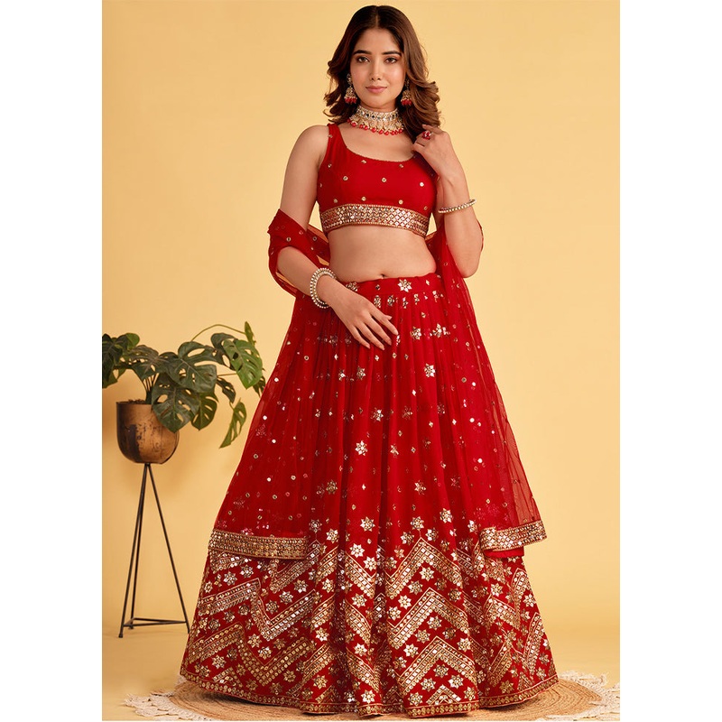 3 Pc Red Georgette Semi Stitched Lehenga Set - JD986583551