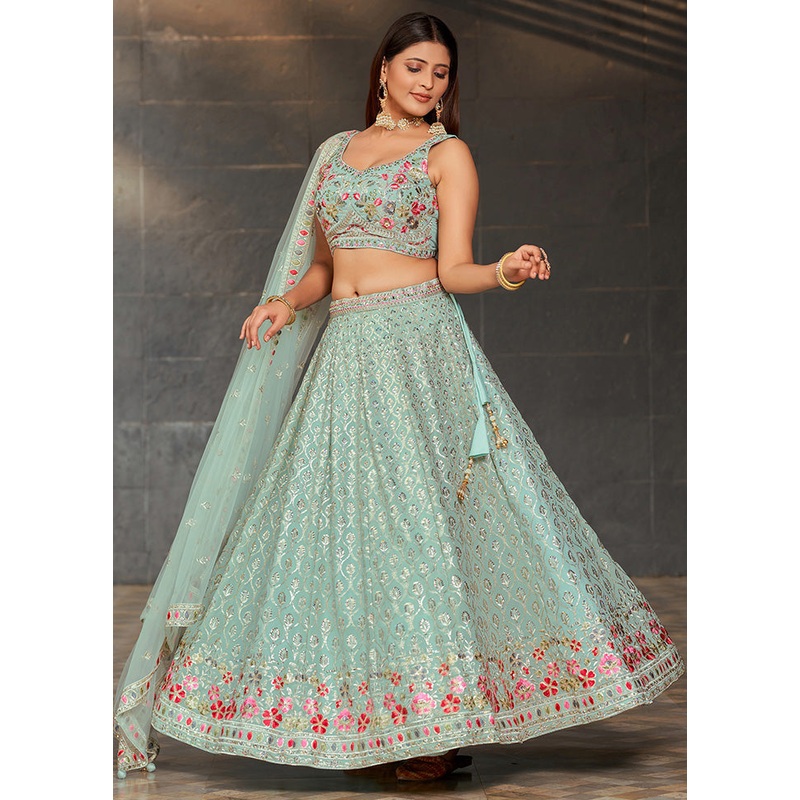 3 Pc Sky Blue Georgette Semi Stitched Lehenga Set - JD986583549