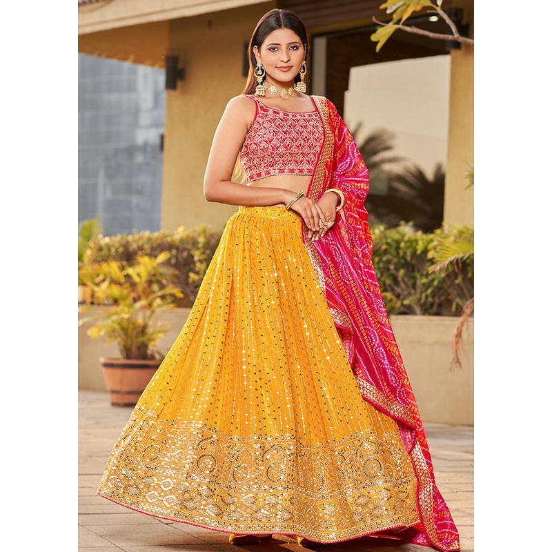 3 Pc Yellow Georgette Semi Stitched Lehenga Set - JD986583546