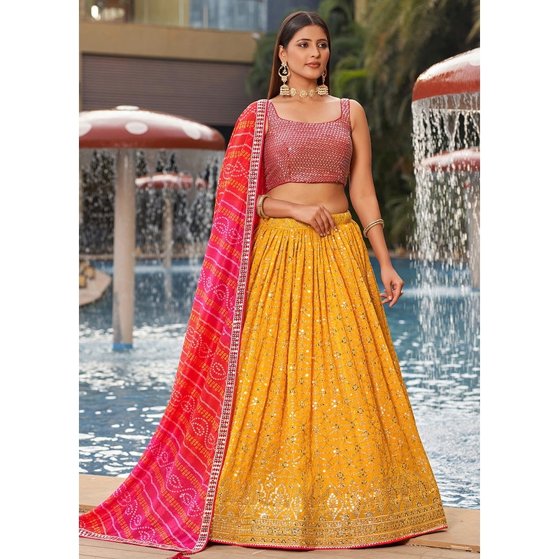 3 Pc Yellow Georgette Semi Stitched Lehenga Set - JD986583547