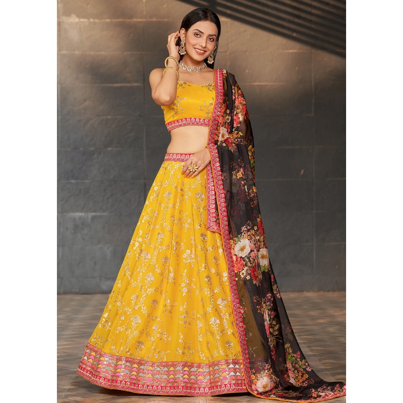 3 Pc Yellow Georgette Semi Stitched Lehenga Set - JD986583548
