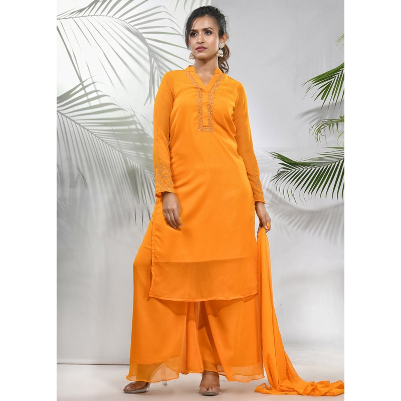 3 Pc Yellow Readymade Georgette Suit Set - JD986583402