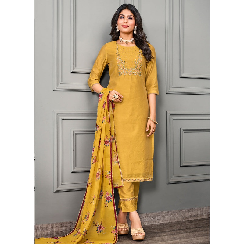 3 Pc Yellow Readymade Silk Suit Set - JD986583545