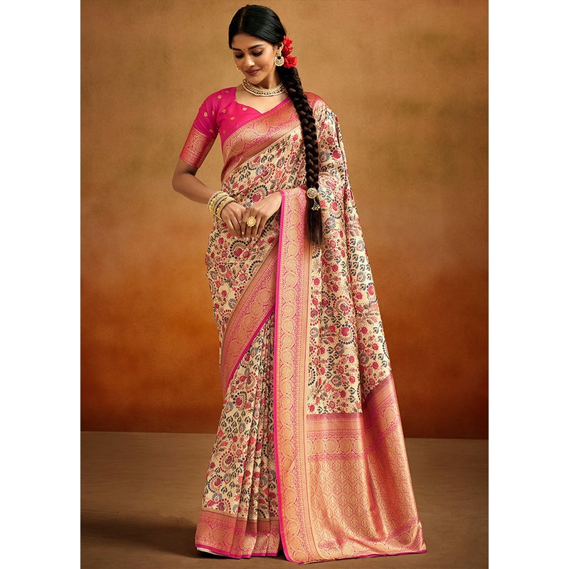 Beige Dupion Silk Saree With Blouse Piece - JD986583542