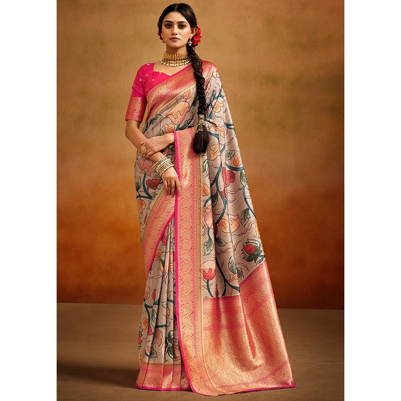 Beige Dupion Silk Saree With Blouse Piece - JD986583543