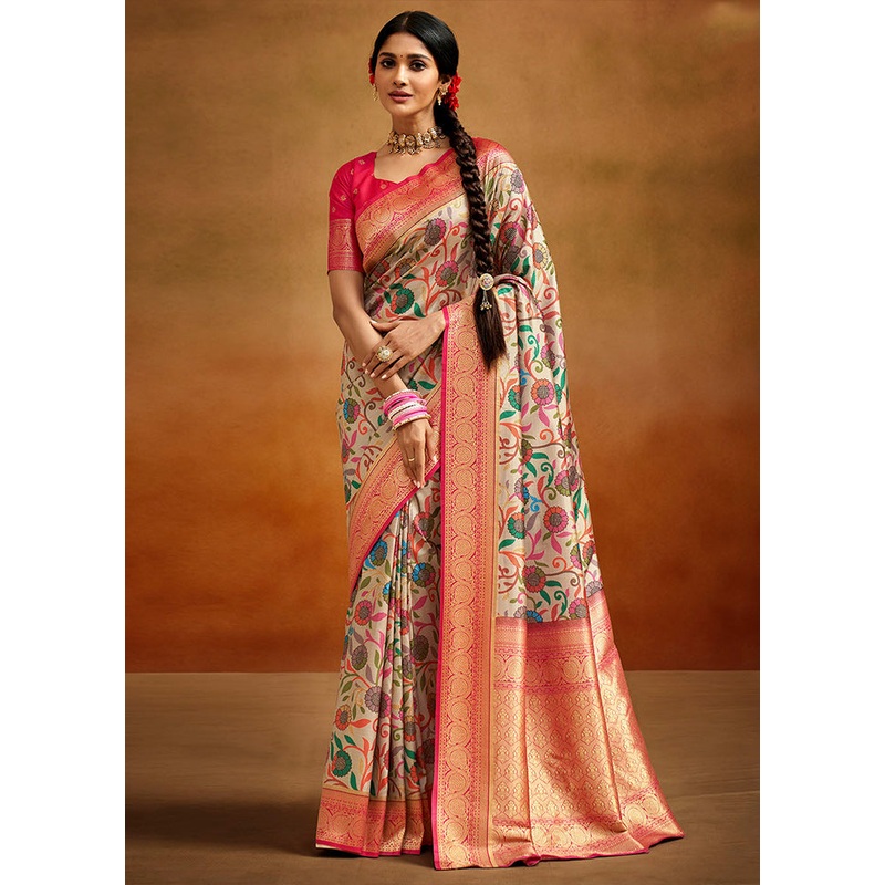 Beige Dupion Silk Saree With Blouse Piece - JD986583544