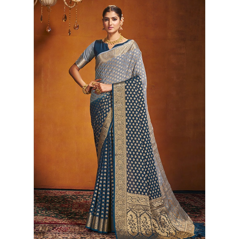 Blue Georgette Saree With Blouse Piece - JD986583539
