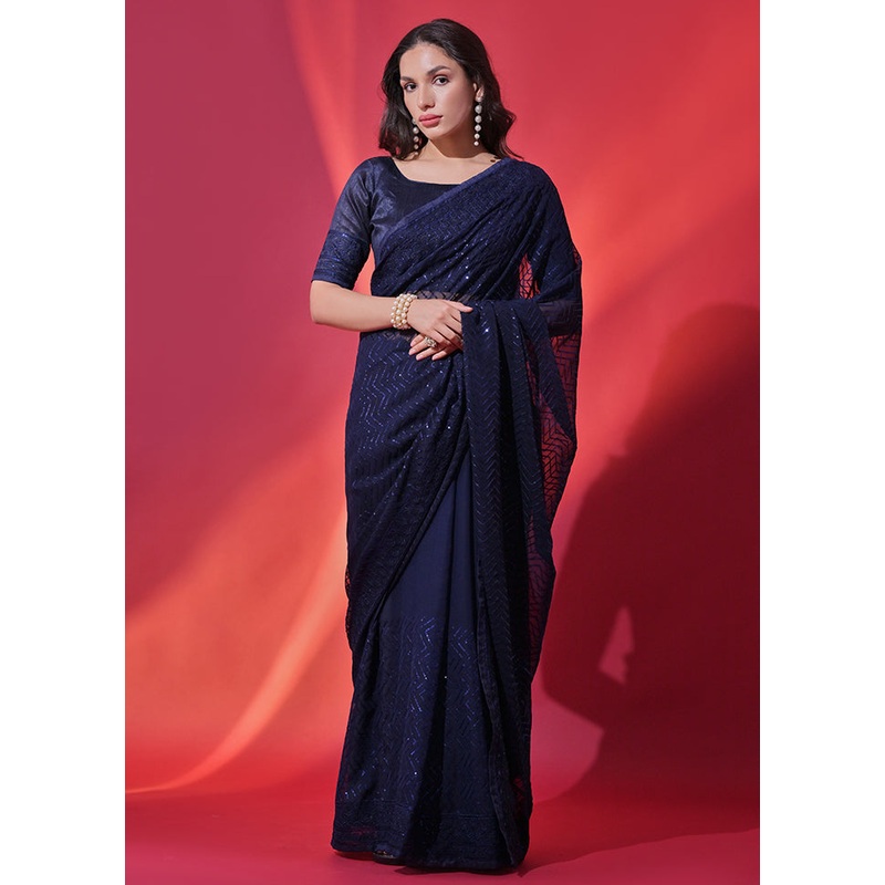 Blue Georgette Saree With Blouse Piece - JD986583540