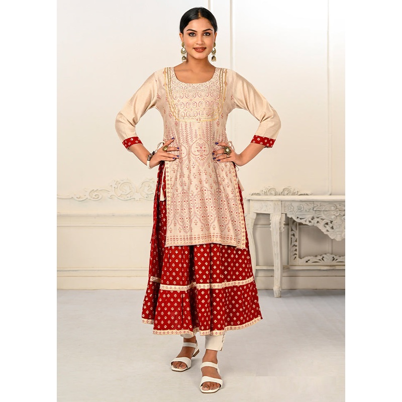 Cream Readymade Cotton Kurti - JD986583538