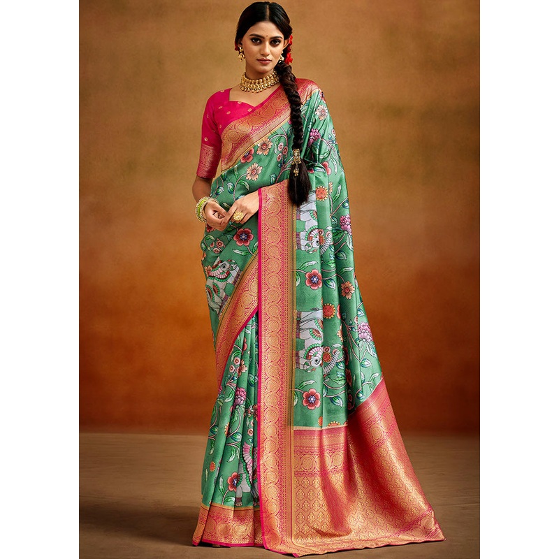 Green Dupion Silk Saree With Blouse Piece - JD986583537