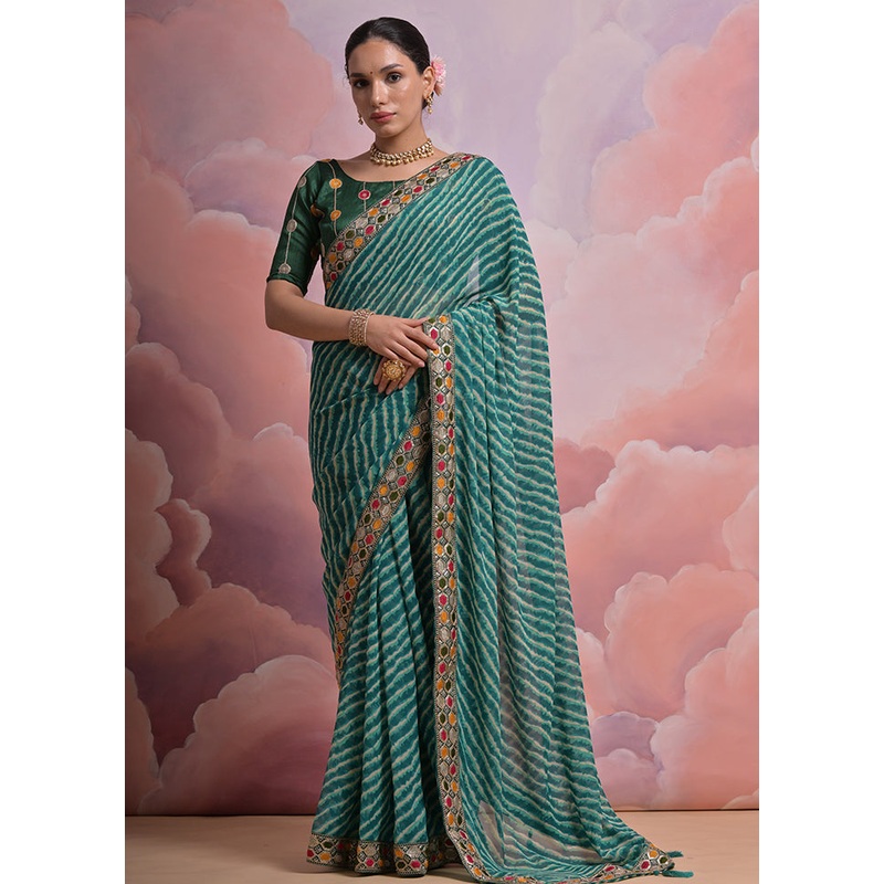 Green Georgette Saree With Blouse Piece - JD986583536