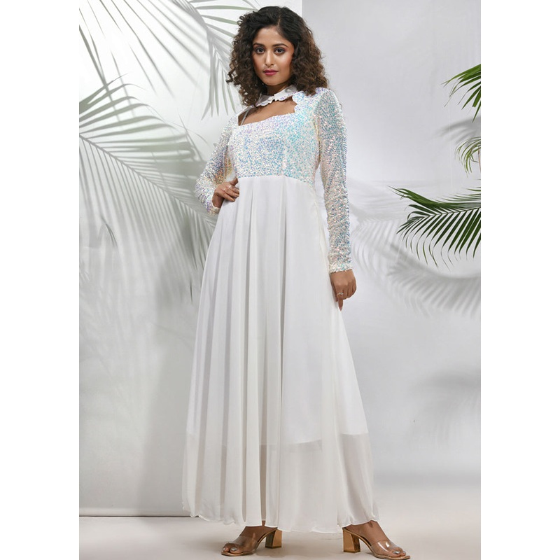 Off White Readymade Georgette Indian Dress - JD986583382