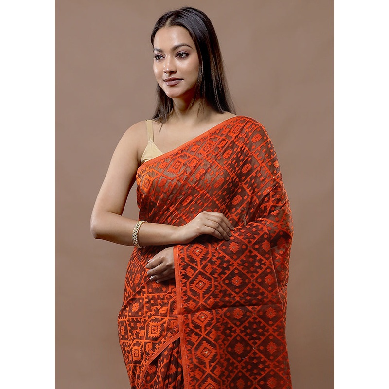Orange Tant Jamdani Saree Without Blouse Piece - JD986583506