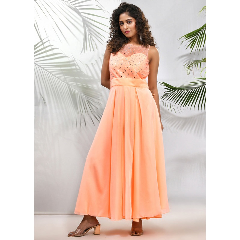 Peach Readymade Georgette Indian Dress - JD986583378