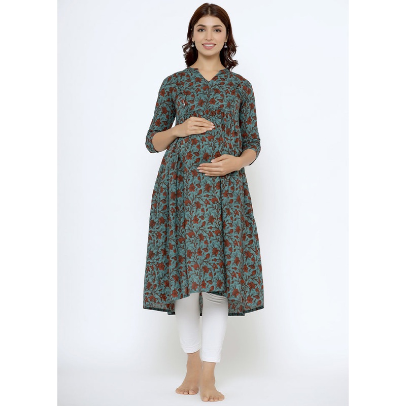 Peacock Blue Pure Readymade Cotton Maternity Kurti - JD986583463