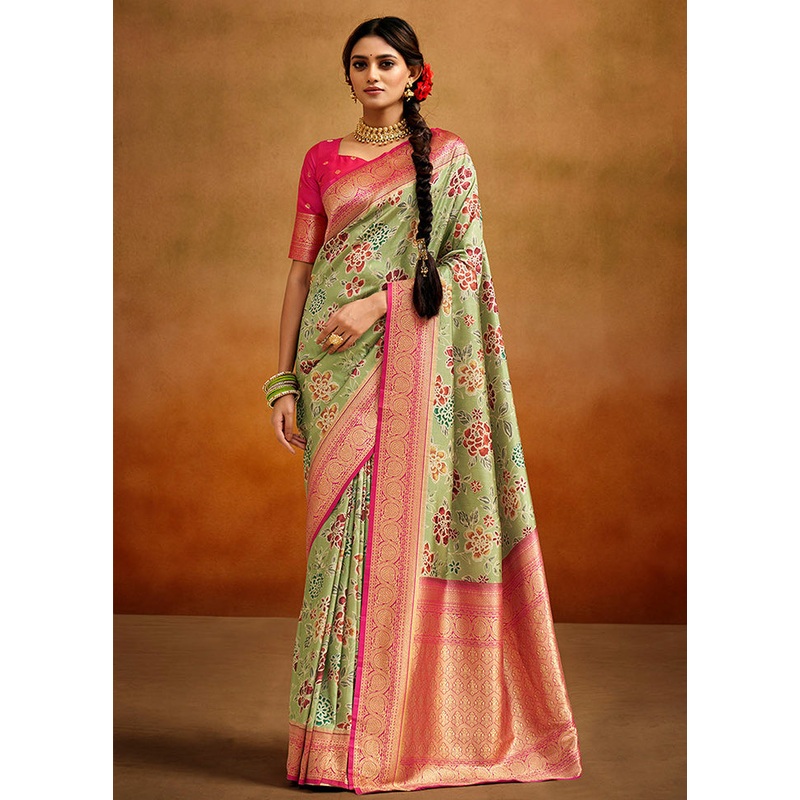 Pista Green Dupion Silk Saree With Blouse Piece - JD986583512