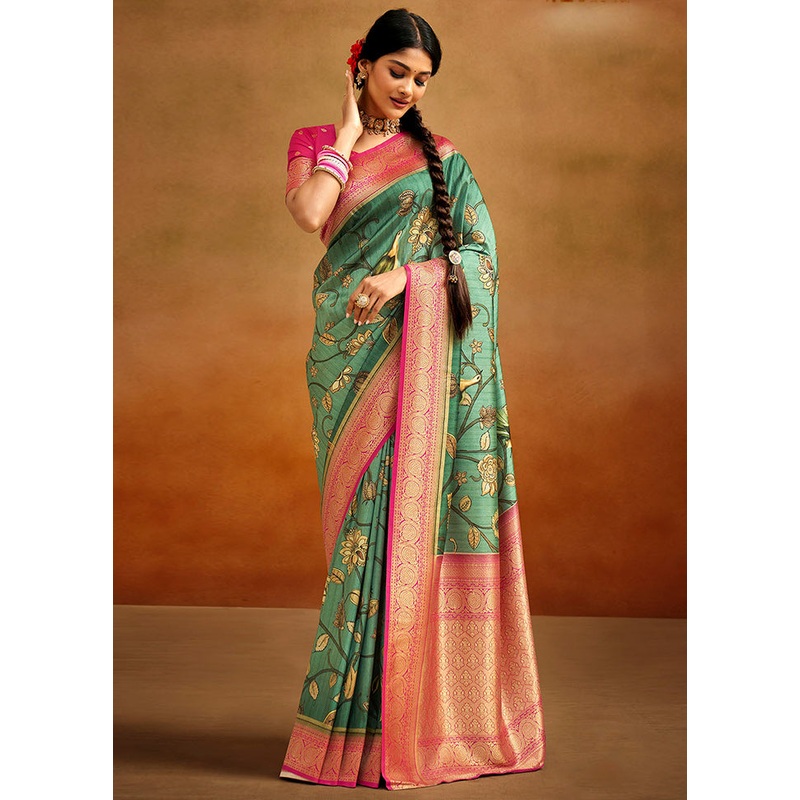 Rama Dupion Silk Saree With Blouse Piece - JD986583511
