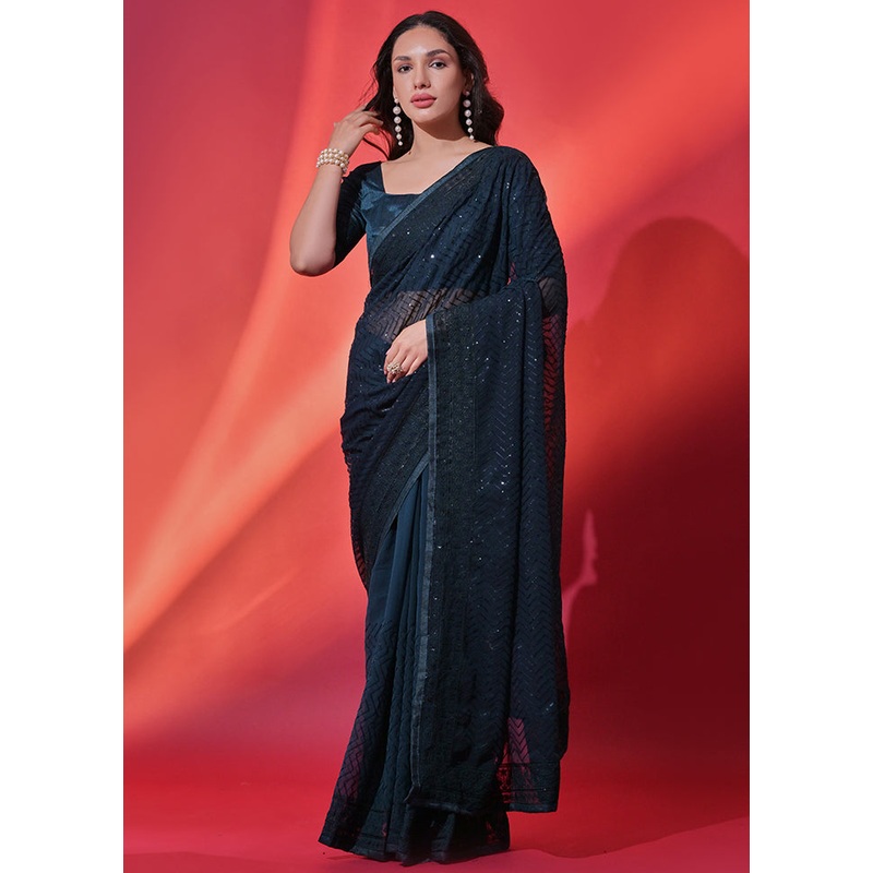 Teal Blue Georgette Saree With Blouse Piece - JD986583509