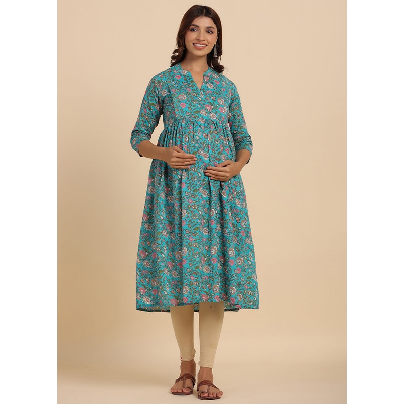 Turquoise Pure Readymade Cotton Maternity Kurti - JD986583454