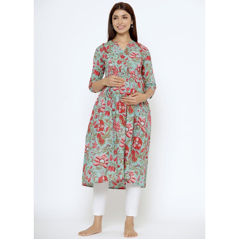 Turquoise Pure Readymade Cotton Maternity Kurti - JD986583455