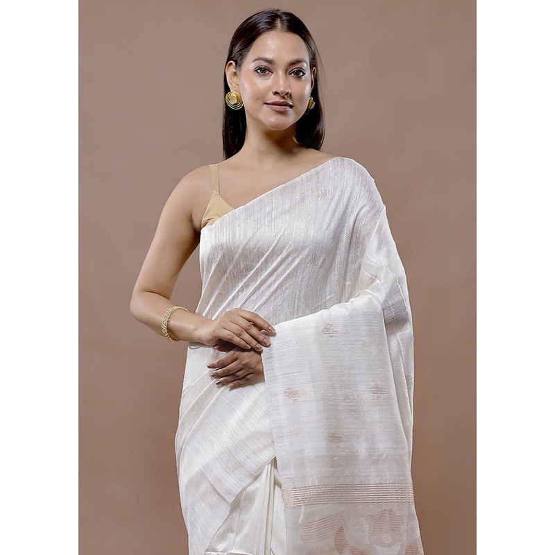 White Matka Pure Silk Saree With Blouse Piece - JD986583505