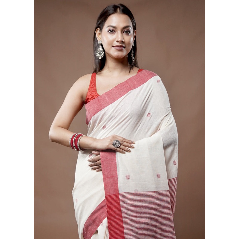 White Matka Silk Saree With Blouse Piece - JD986583504