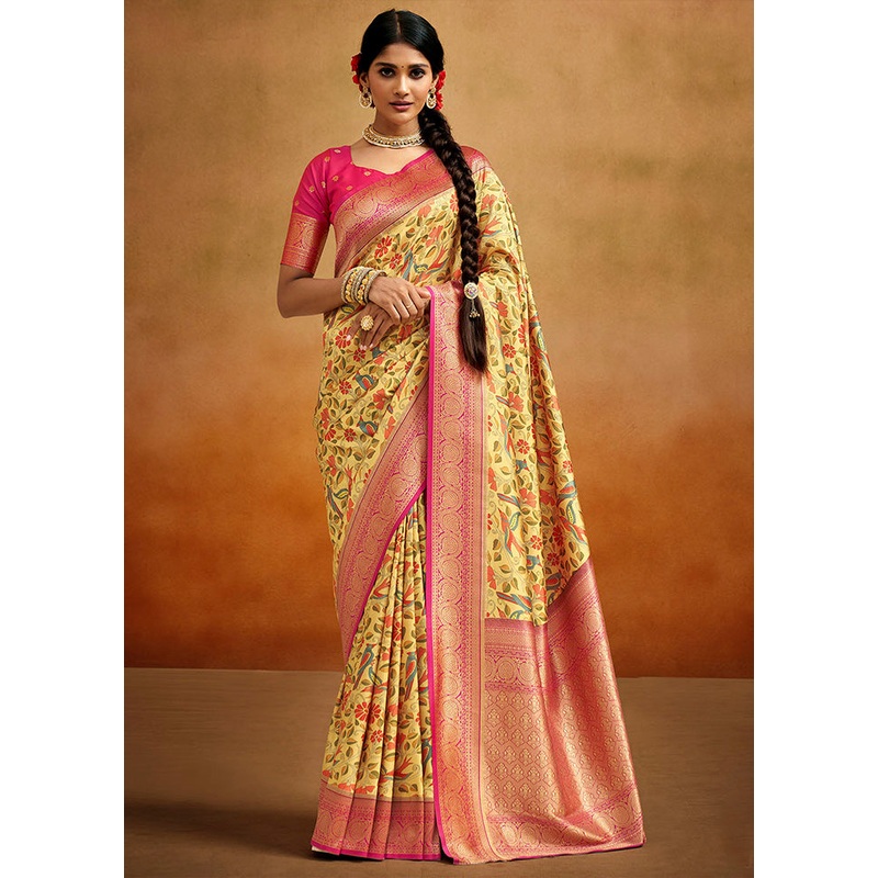 Yellow Dupion Silk Saree With Blouse Piece - JD986583508