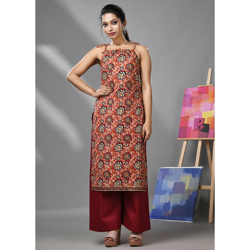 2 Pc Dark Red Readymade Cotton Kurti Set - JD986583346