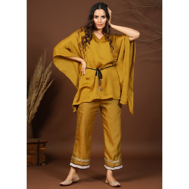 2 Pc Golden Readymade Silk Kaftan Set - JD986583174