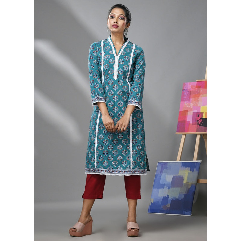 2 Pc Sea Green Readymade Cotton Kurti Set - JD986583340