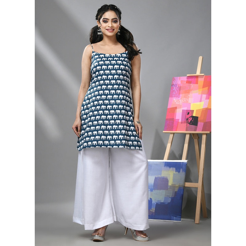 2 Pc Teal Readymade Cotton Kurti Set - JD986583338