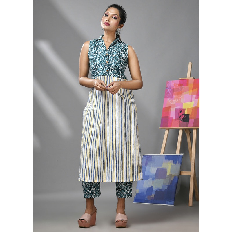 2 Pc Teal Readymade Cotton Kurti Set - JD986583339