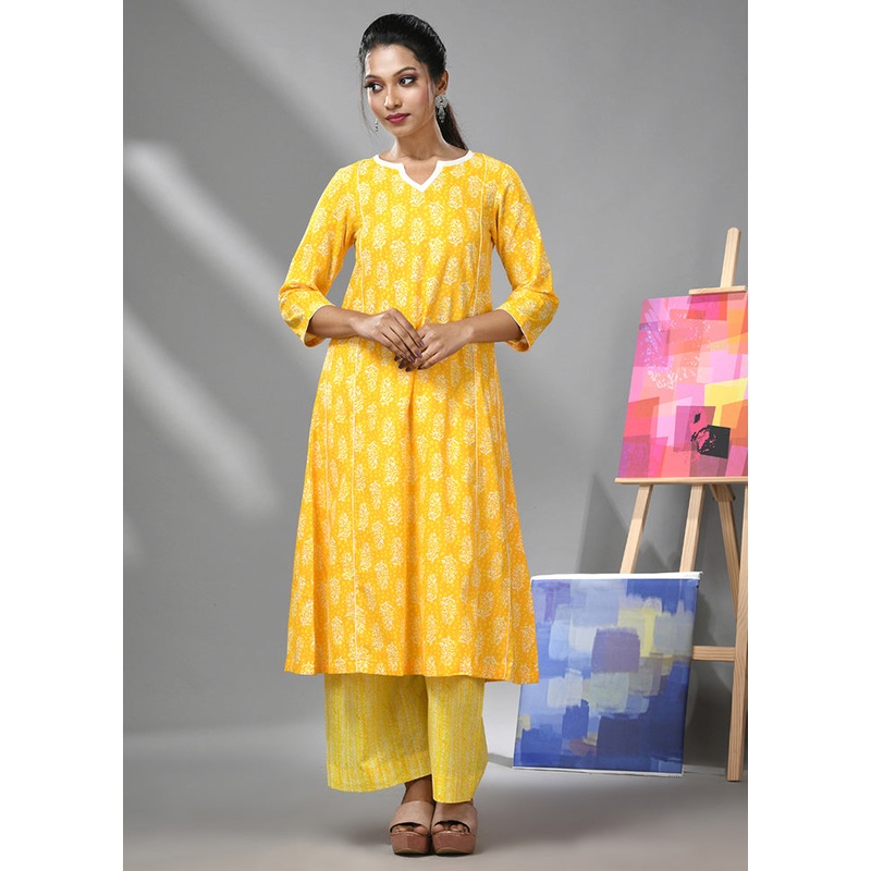 2 Pc Yellow Readymade Cotton Kurti Set - JD986583324