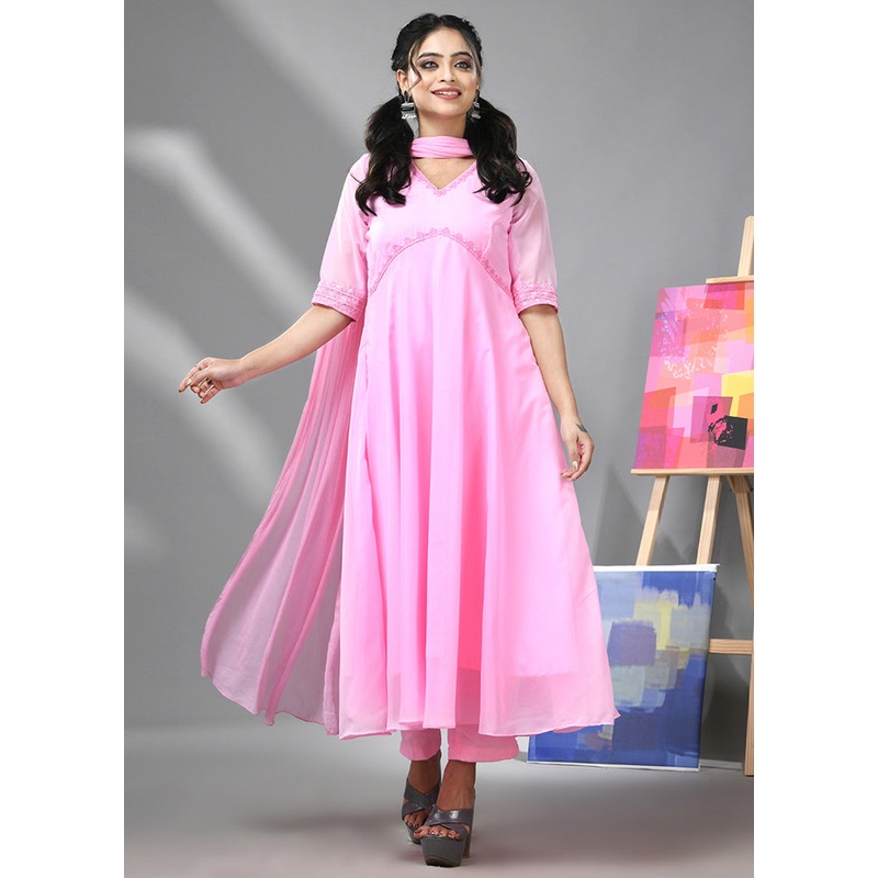 3 Pc Baby Pink Readymade Georgette Suit Set - JD986583323
