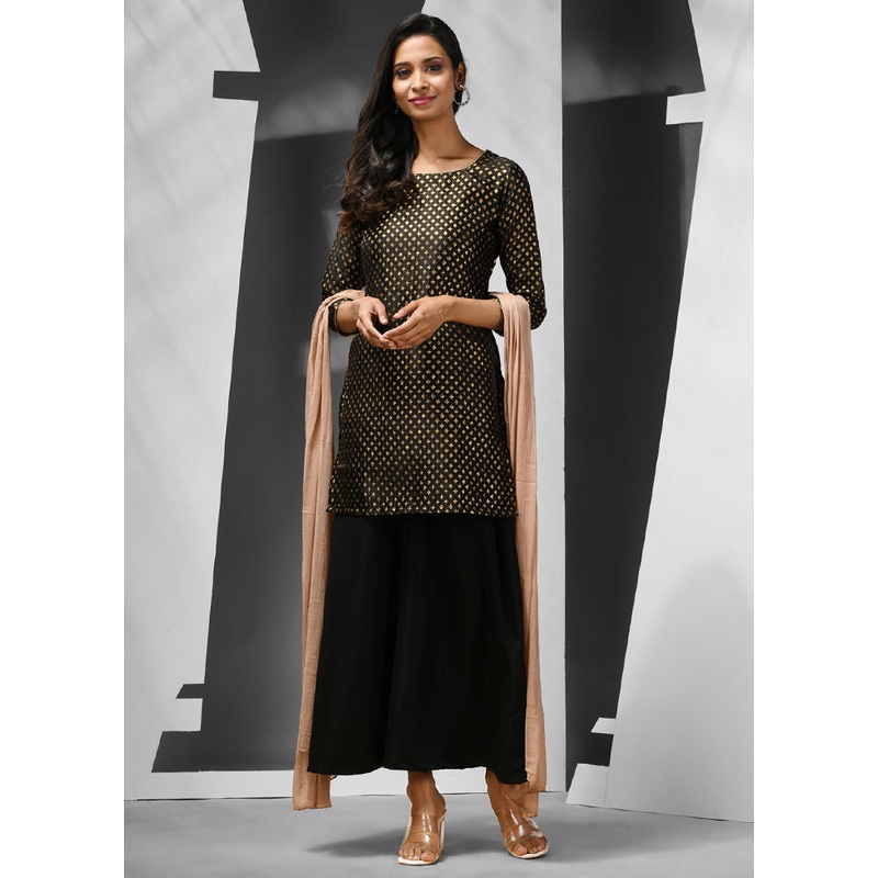 3 Pc Black Readymade Silk Suit Set - JD986583225