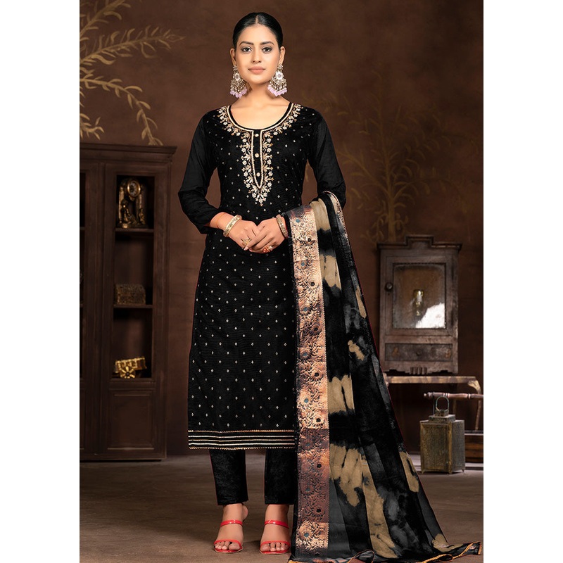 3 Pc Black Semi Stitched Silk Suit Set - JD986583291