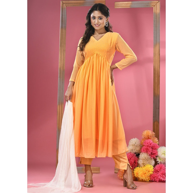 3 Pc Yellow Readymade Georgette Suit Set - JD986583311