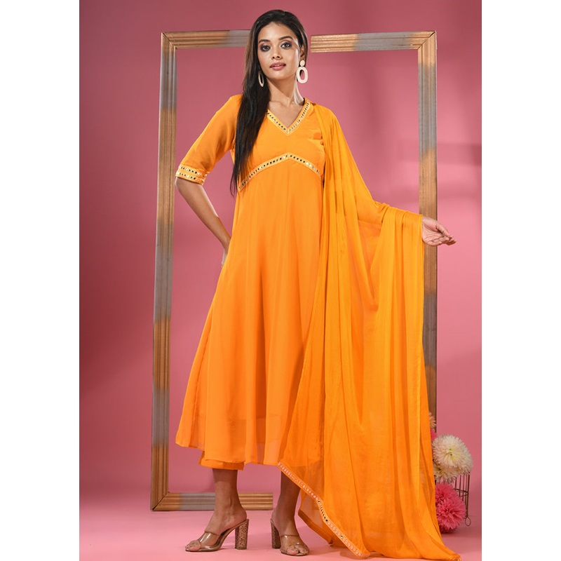 3 Pc Yellow Readymade Georgette Suit Set - JD986583312